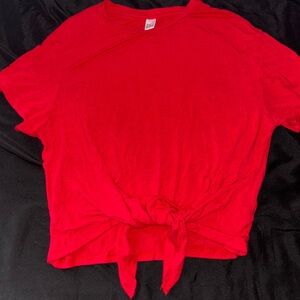Red T-shirt, slightly cropped with tie-able bow in the front